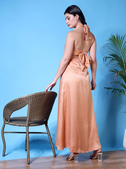 Halter Neck Velvet Maxi Dress | Peach