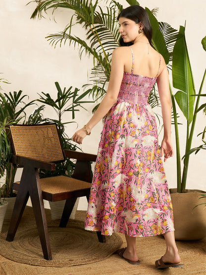 Smocked Strappy Cotton Midi Dress