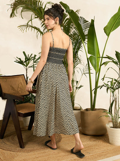 Smocked Strappy Cotton Midi Dress