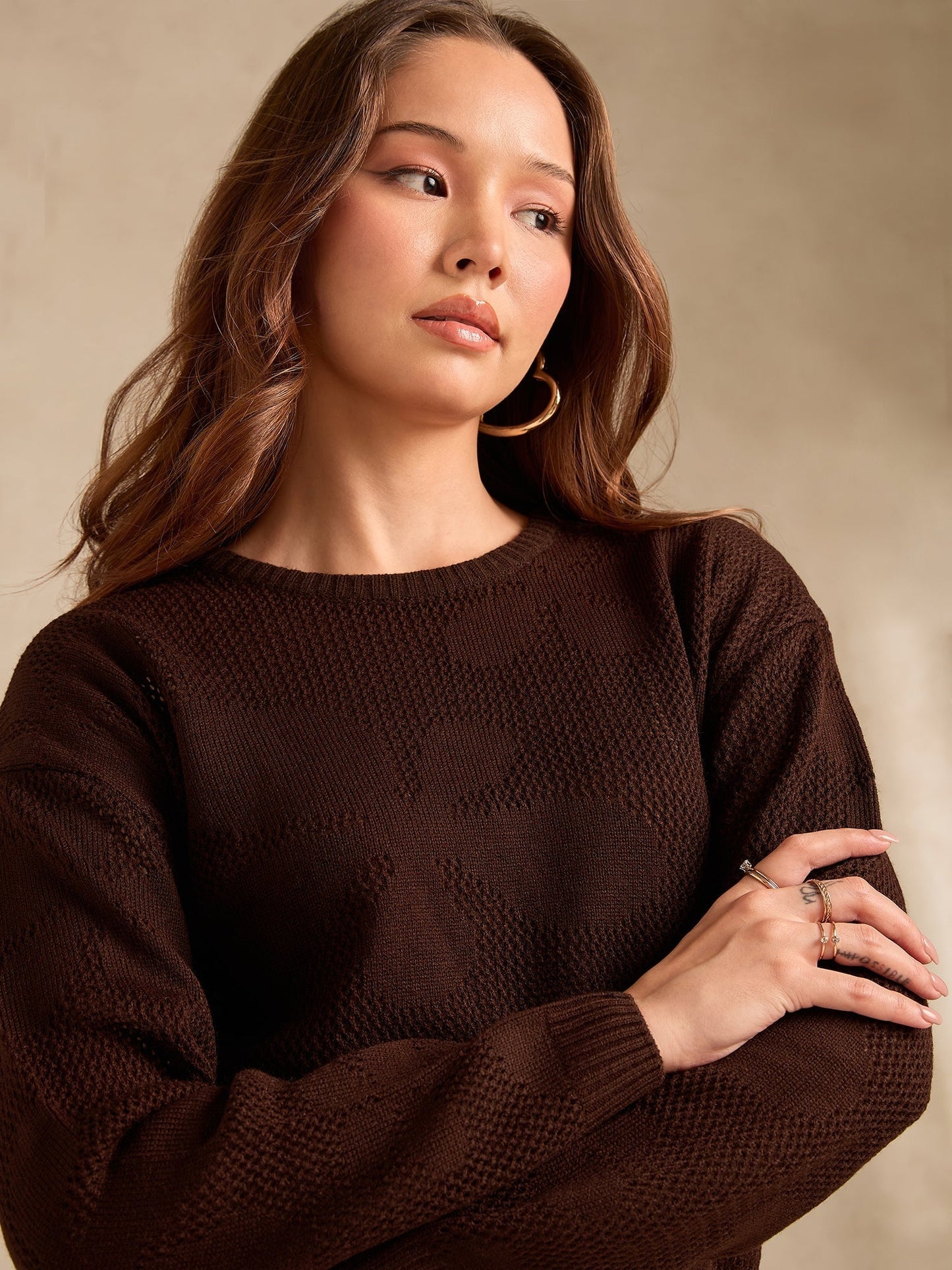 Brown Bold Floral Print Sweater