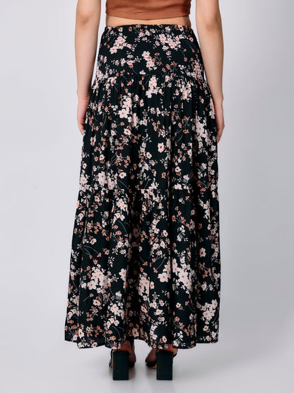 Black Three Tired Midi Skirt Printed