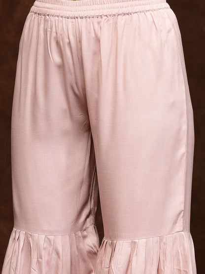 Rose Gold & Purple Ethnic Motifs Embroidered Anarkali Kurta & Sharara With Dupatta