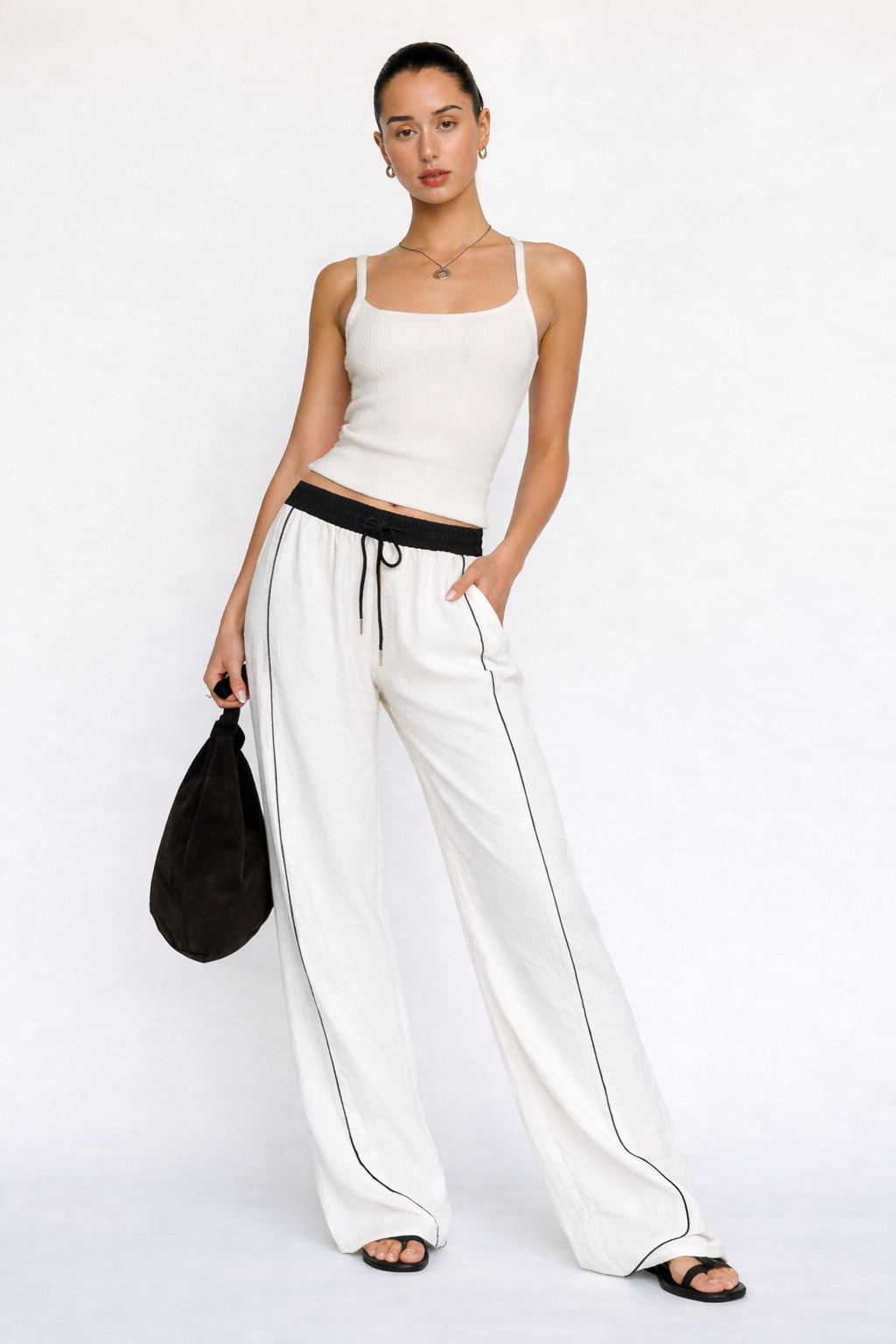 Drawstring Wide Leg Pants - White