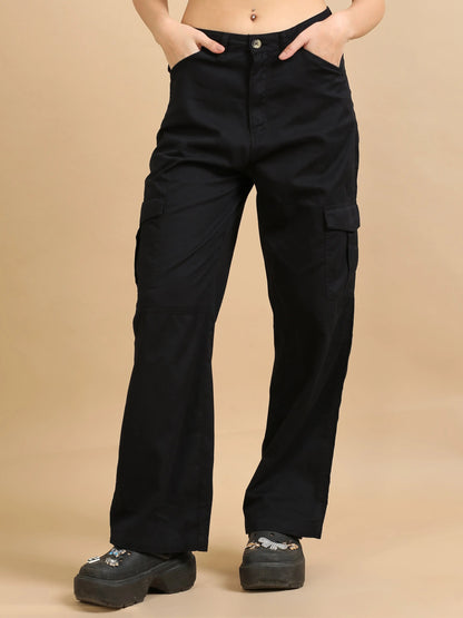Women Cotton Relaxed Fit Cargo Trousers, Black