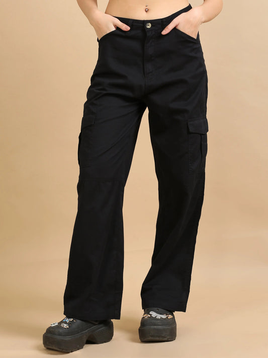 Women Cotton Relaxed Fit Cargo Trousers, Black