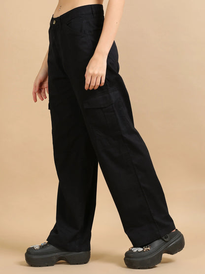Women Cotton Relaxed Fit Cargo Trousers, Black