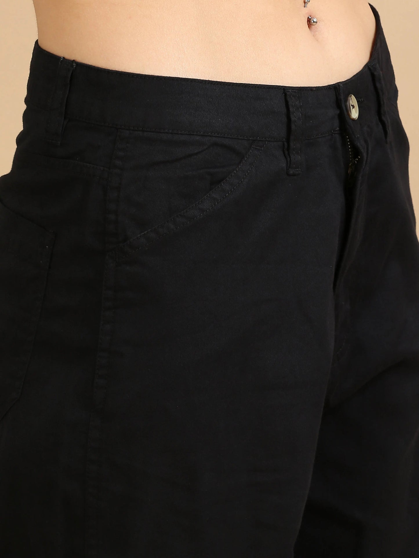 Women Cotton Relaxed Fit Cargo Trousers, Black