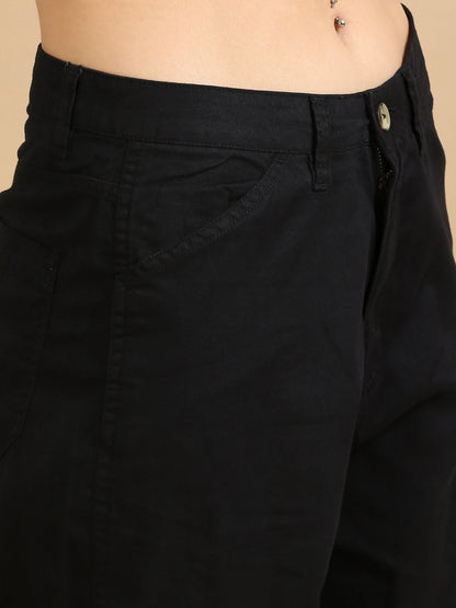 Women Cotton Relaxed Fit Cargo Trousers, Black