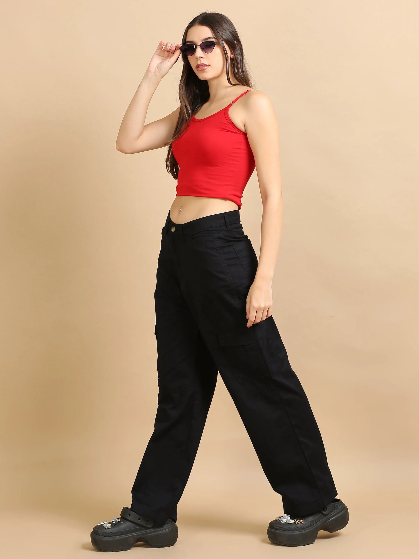 Women Cotton Relaxed Fit Cargo Trousers, Black