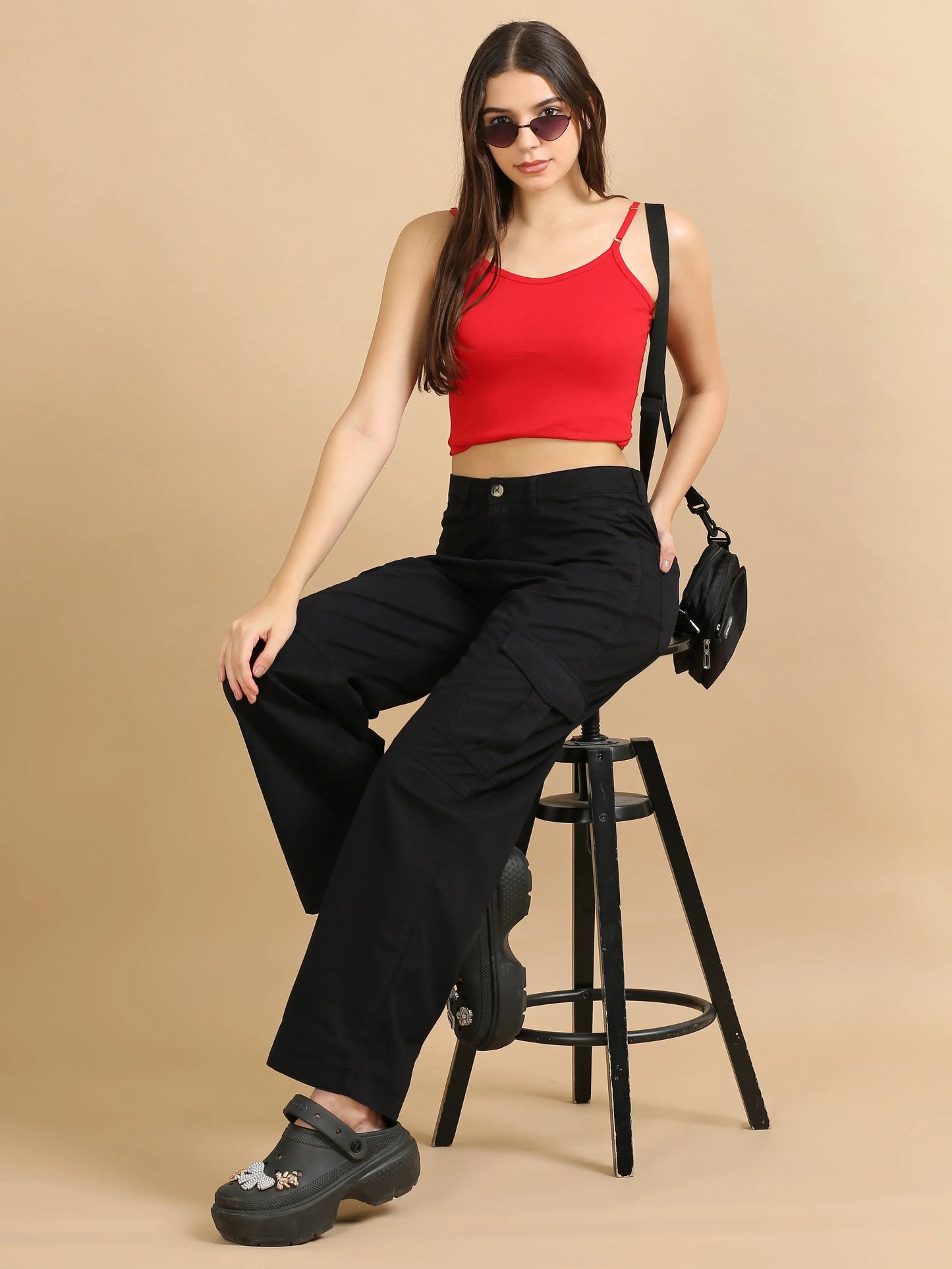 Women Cotton Relaxed Fit Cargo Trousers, Black