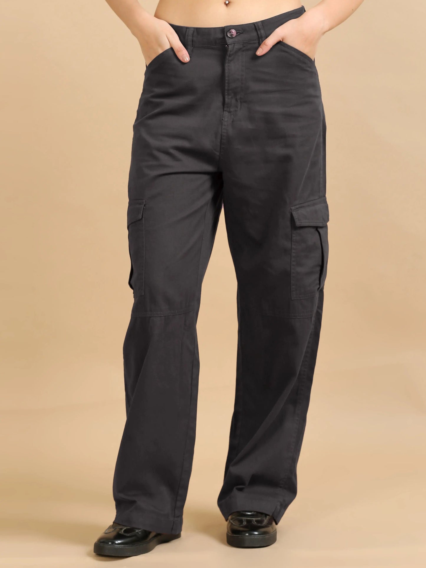 Women Cotton Relaxed Fit Cargo Trousers, Dark Grey