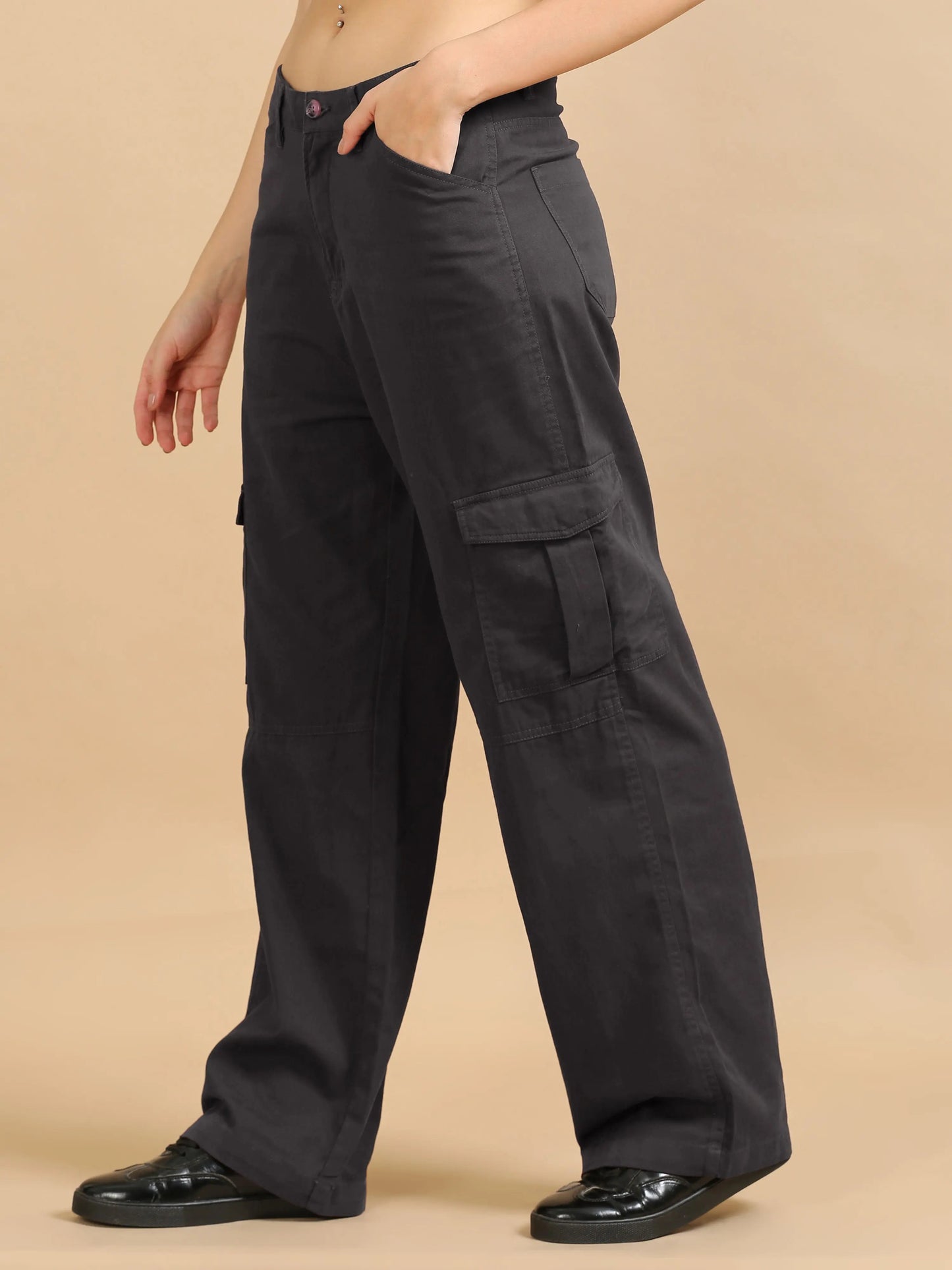 Women Cotton Relaxed Fit Cargo Trousers, Dark Grey