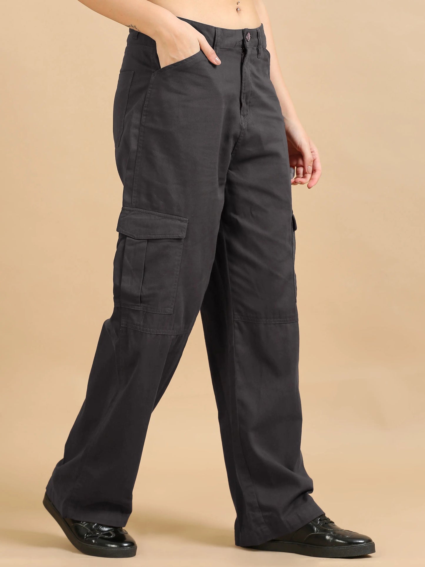 Women Cotton Relaxed Fit Cargo Trousers, Dark Grey
