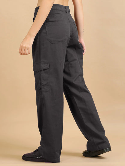 Women Cotton Relaxed Fit Cargo Trousers, Dark Grey