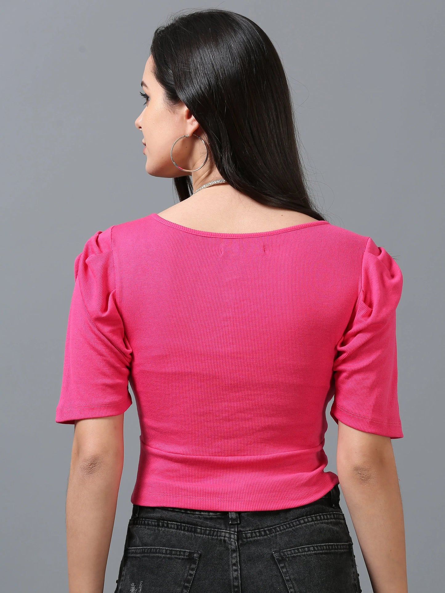 Women Viscose Lycra Top, Flared Half Sleeve, Rose Pink