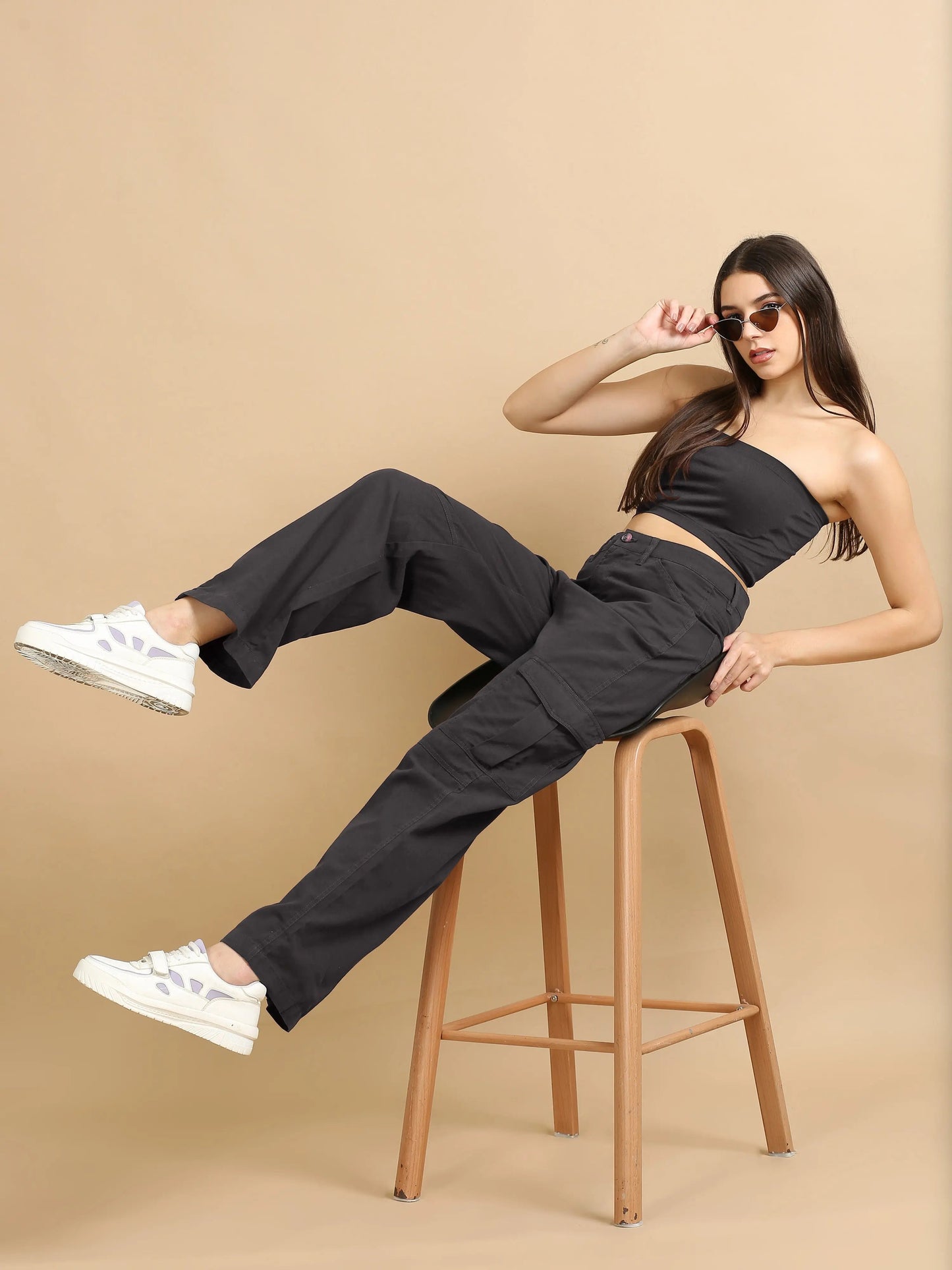Women Cotton Relaxed Fit Cargo Trousers, Dark Grey