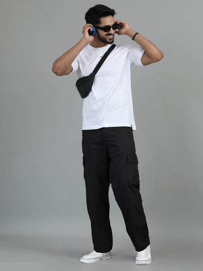 Men Cotton Baggy Fit Cargo Trousers, Black