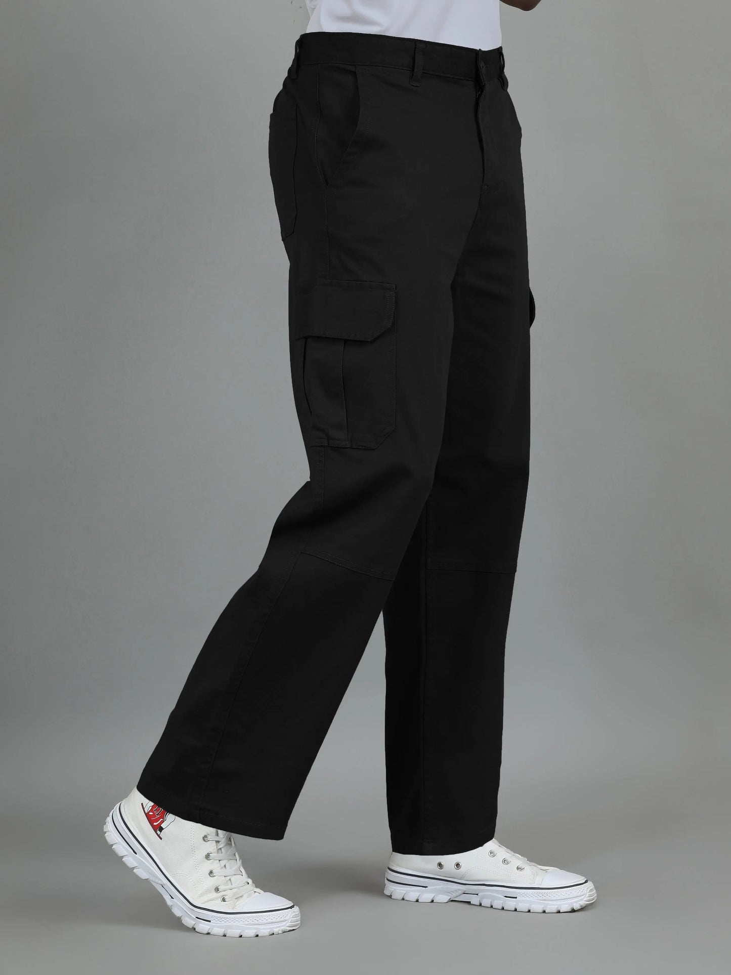 Men Cotton Baggy Fit Cargo Trousers, Black