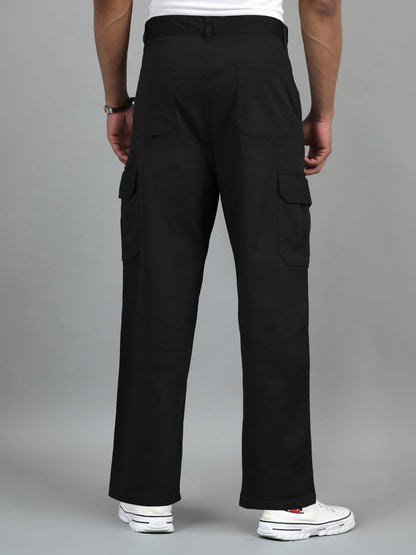 Men Cotton Baggy Fit Cargo Trousers, Black