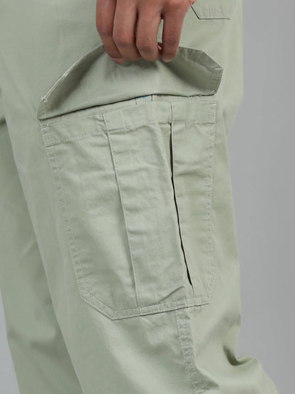 Men Cotton Baggy Fit Cargo Trousers, Olive