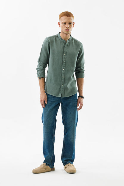 Olive Woven Mandarin Shirt