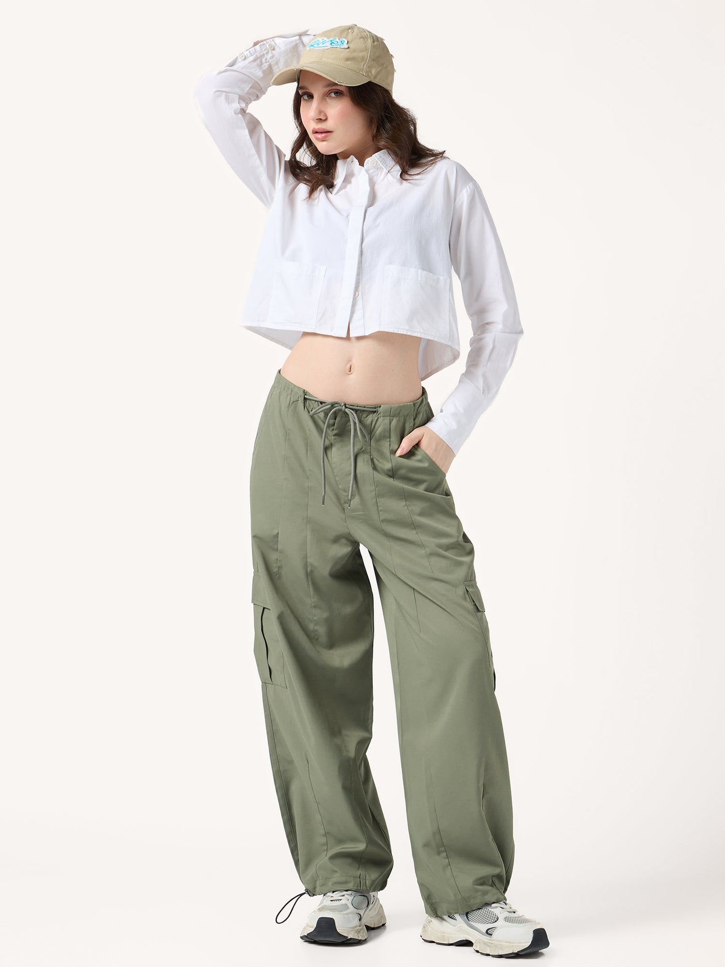 Olive Cargo Pockets Drawstring Wid Leg Trouser