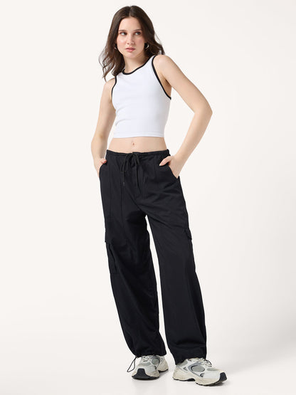 Black Cargo Pockets Drawstring Wid Leg Trouser