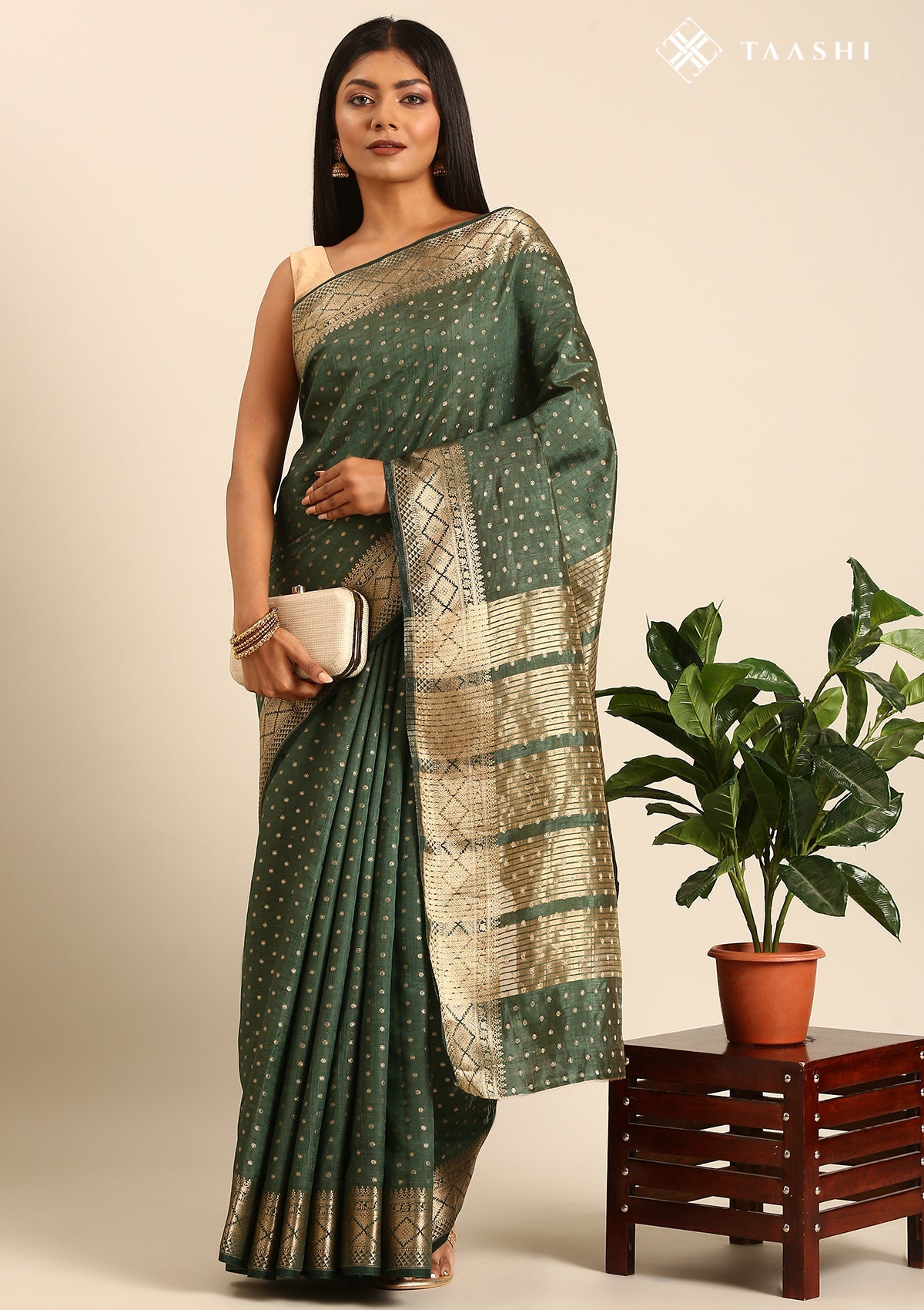 Dark Green Traditional Zari Butta Woven Tussar Saree