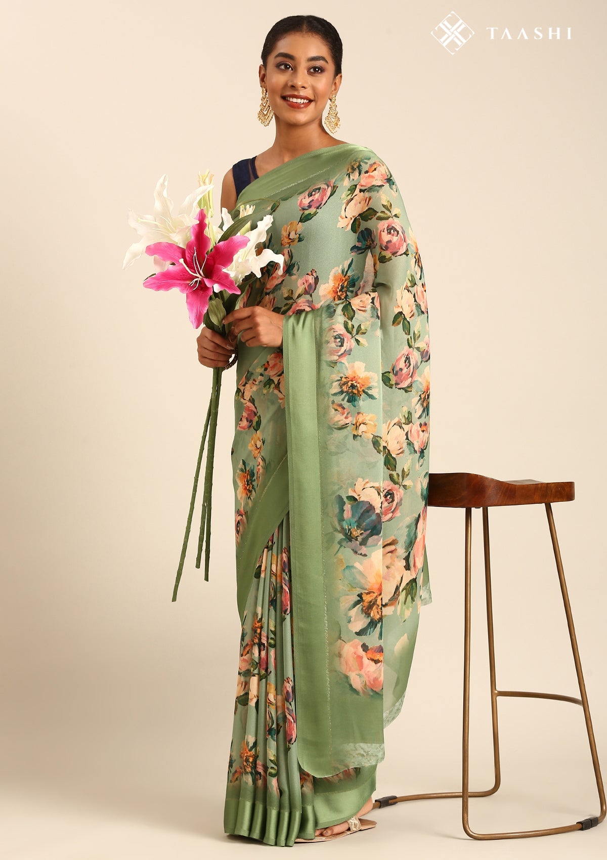 Dusty Green Floral Printed Georgette Saree