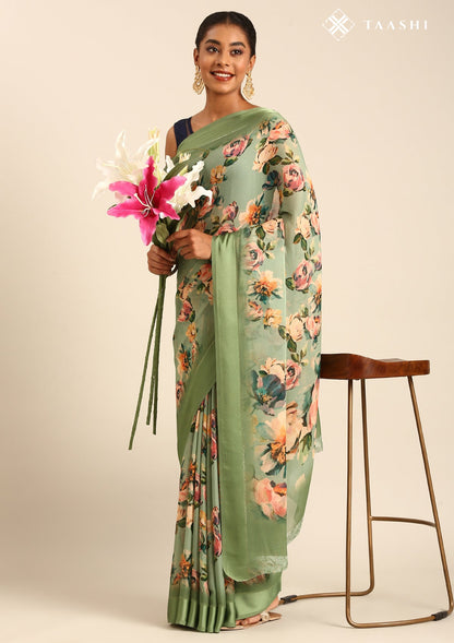 Dusty Green Floral Printed Georgette Saree