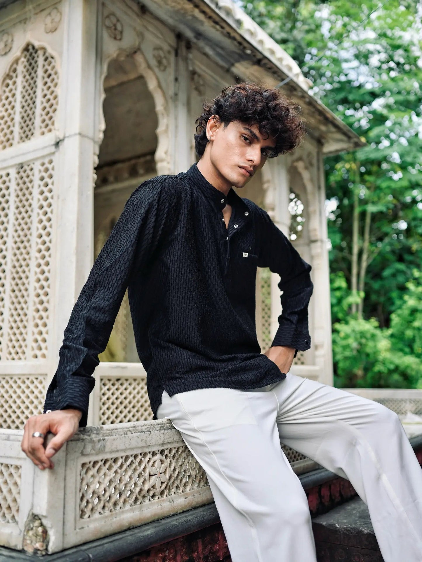 Black Texture Weave Short Kurta