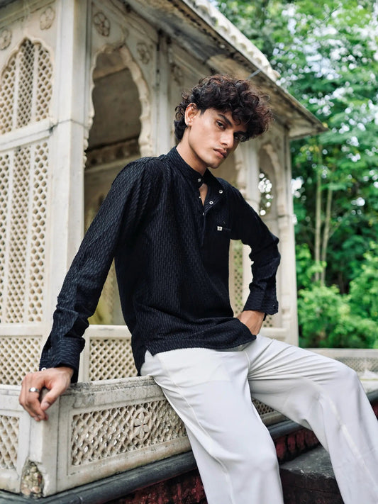 Black Texture Weave Short Kurta