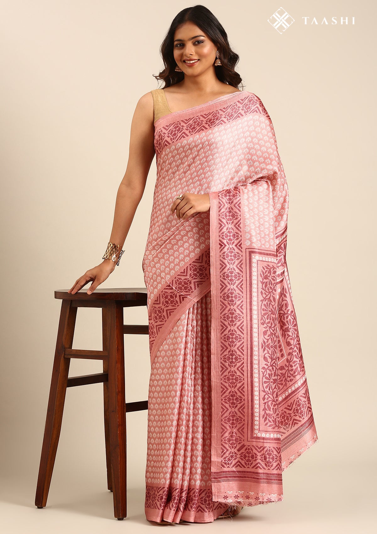 Dusty Pink Butti Printed Art Tussar Matka Silk Saree