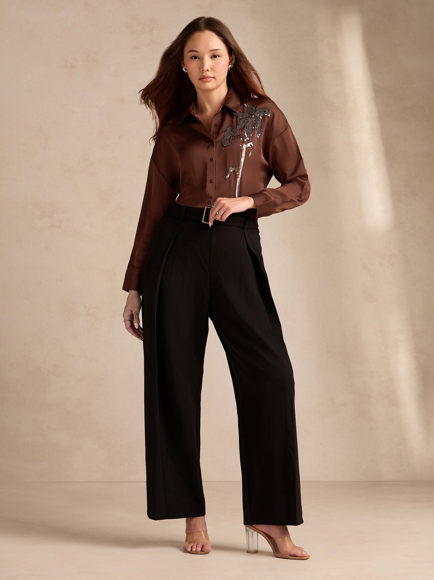 Brown Oversized Embroidered Satin Shirt