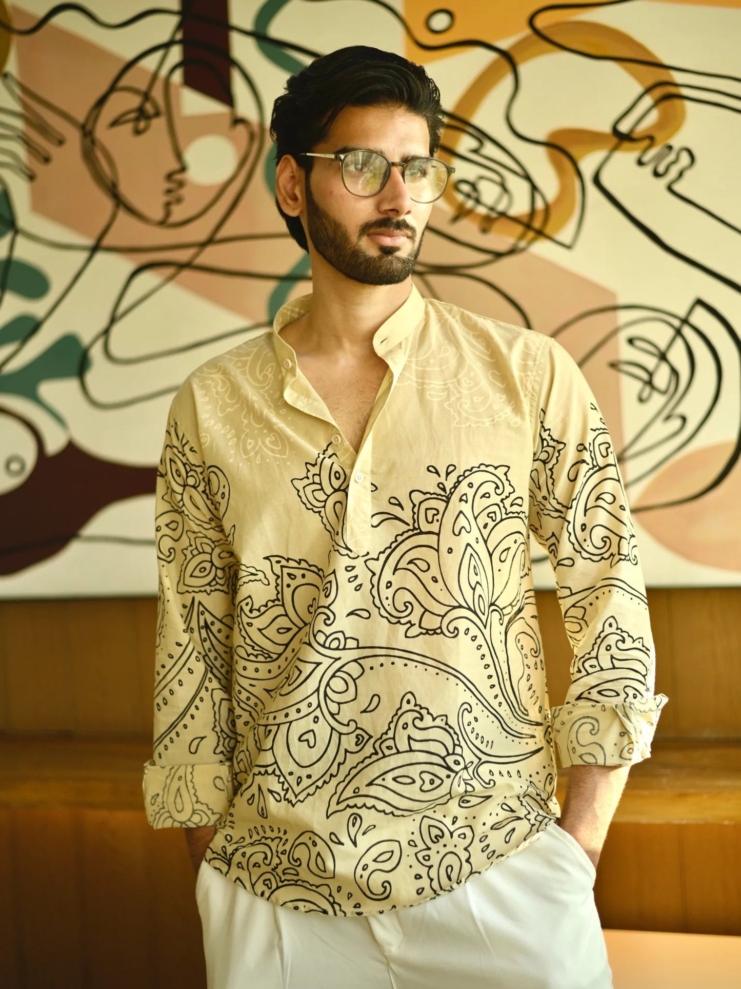 Beige Black Paisley Short Kurta