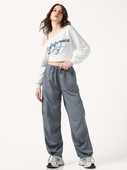 Grey Cargo Pockets Drawstring Wid Leg Trouser