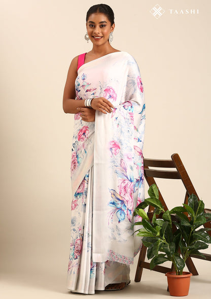 Lavender A/O Floral Printed Satin Saree
