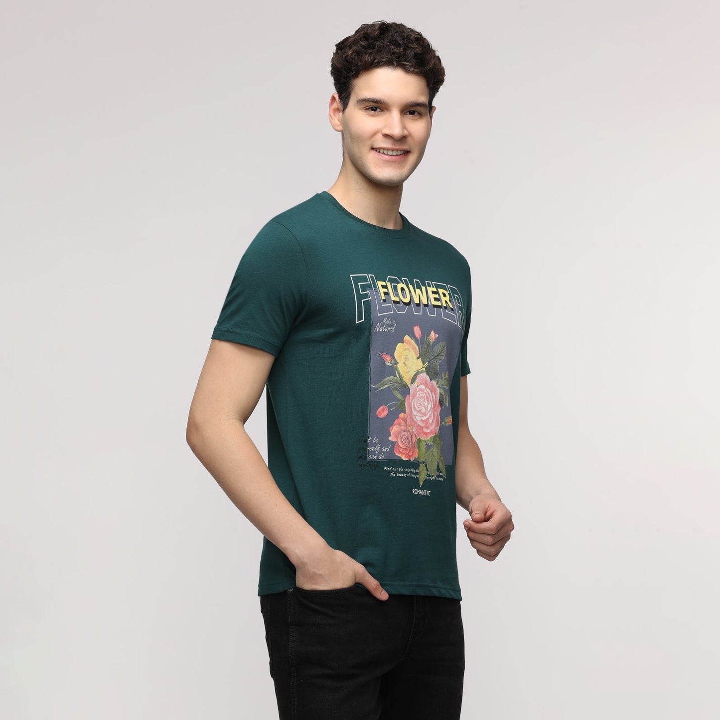 Indo Cotton Men Green Printed Crew Neck T-Shirt