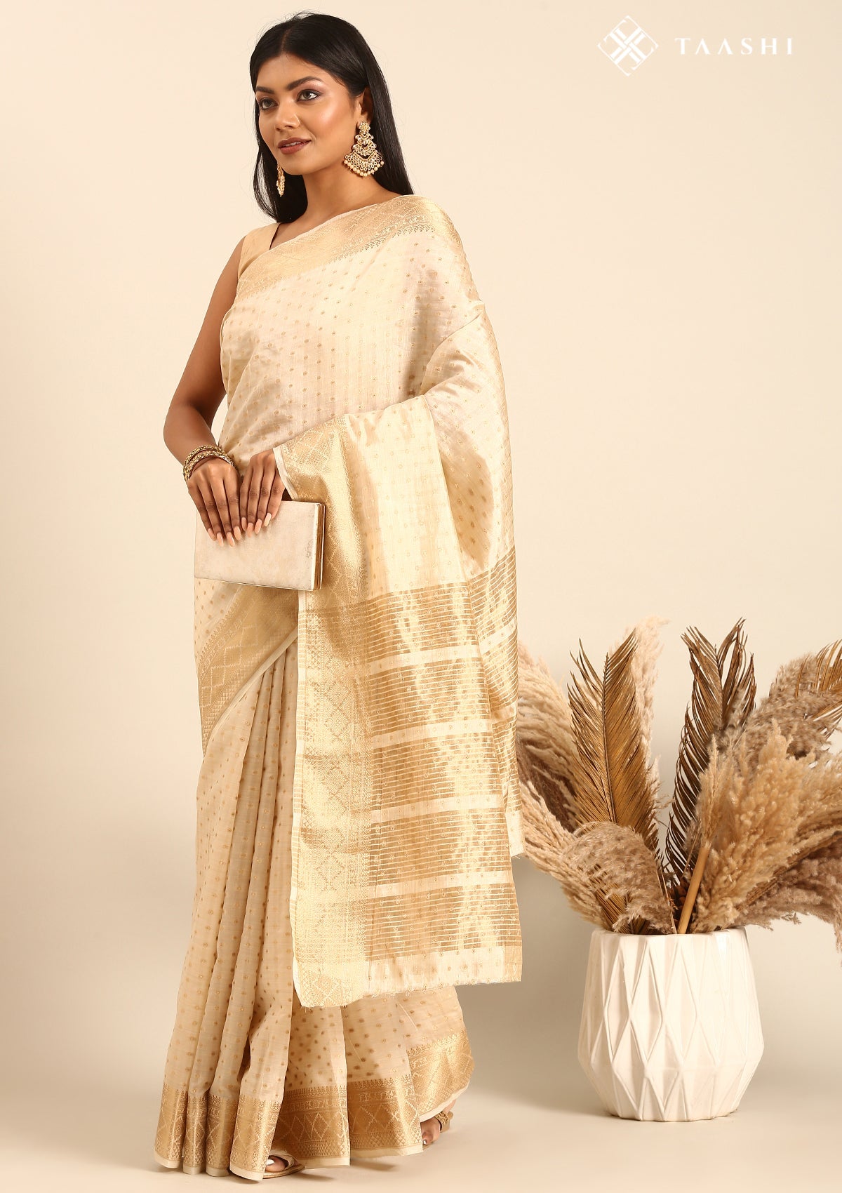 Cream Traditional Zari Butta Woven Tussar Saree