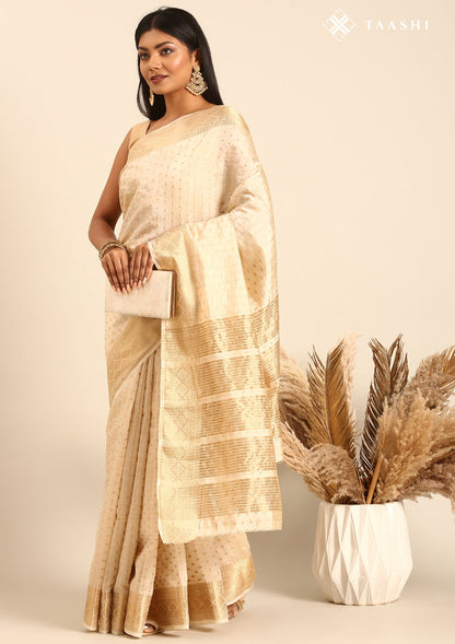 Cream Traditional Zari Butta Woven Tussar Saree