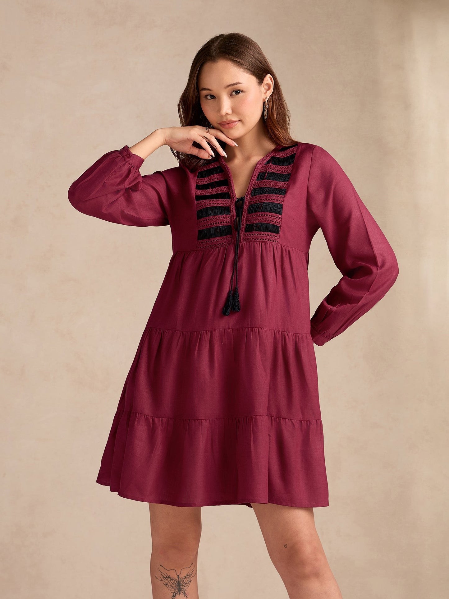 Wine Relaxed Fit Flared Dress With Embroidered On Yoke