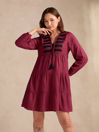 Wine Relaxed Fit Flared Dress With Embroidered On Yoke