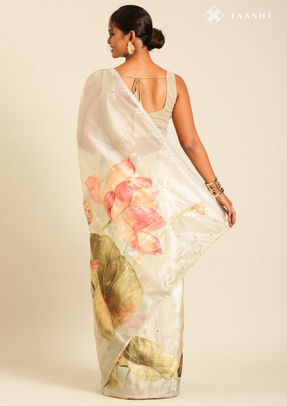 Metallic Sage Green Printed And EmbroideRed Organza Saree
