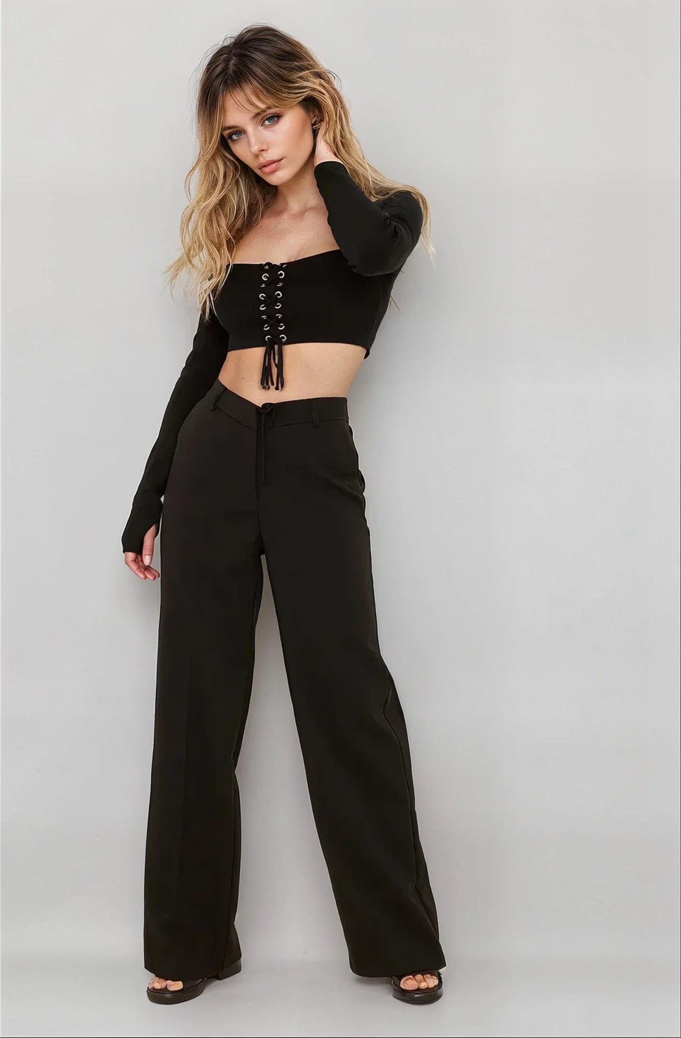 MWB Front Lacing Detail Rib Knitted Top