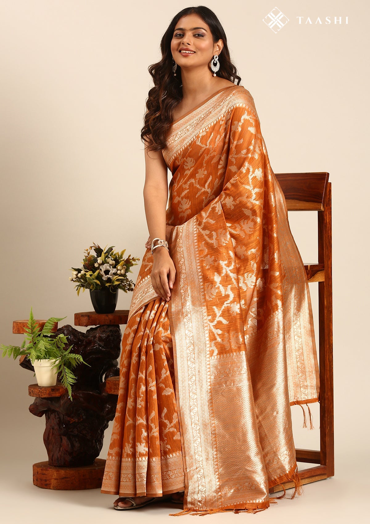 Rust Jaal Woven Tussar Saree