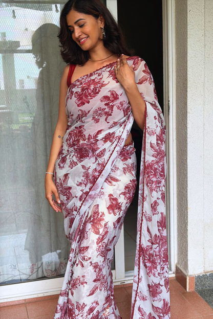 Fable Floral Maroon Ready To Wear Saree