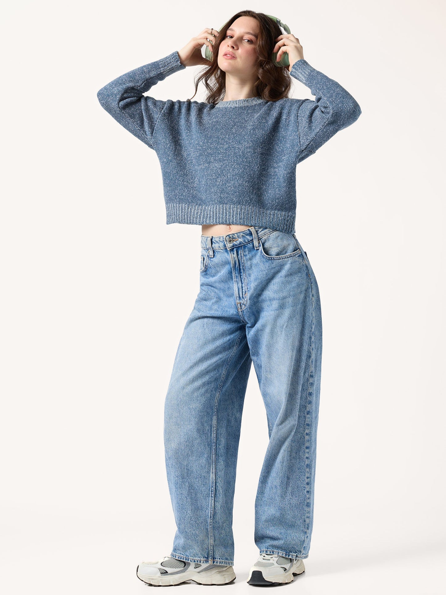 Blue Solid High Neck Sweater