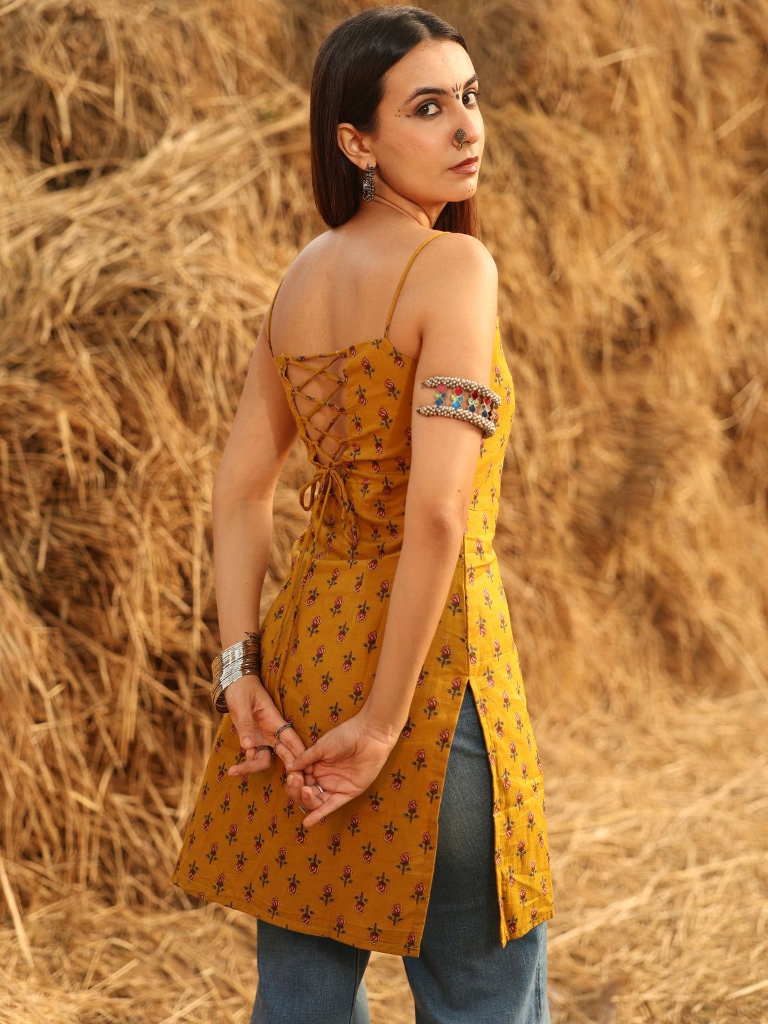 Mustard  Noodle Strap Corset Kurti