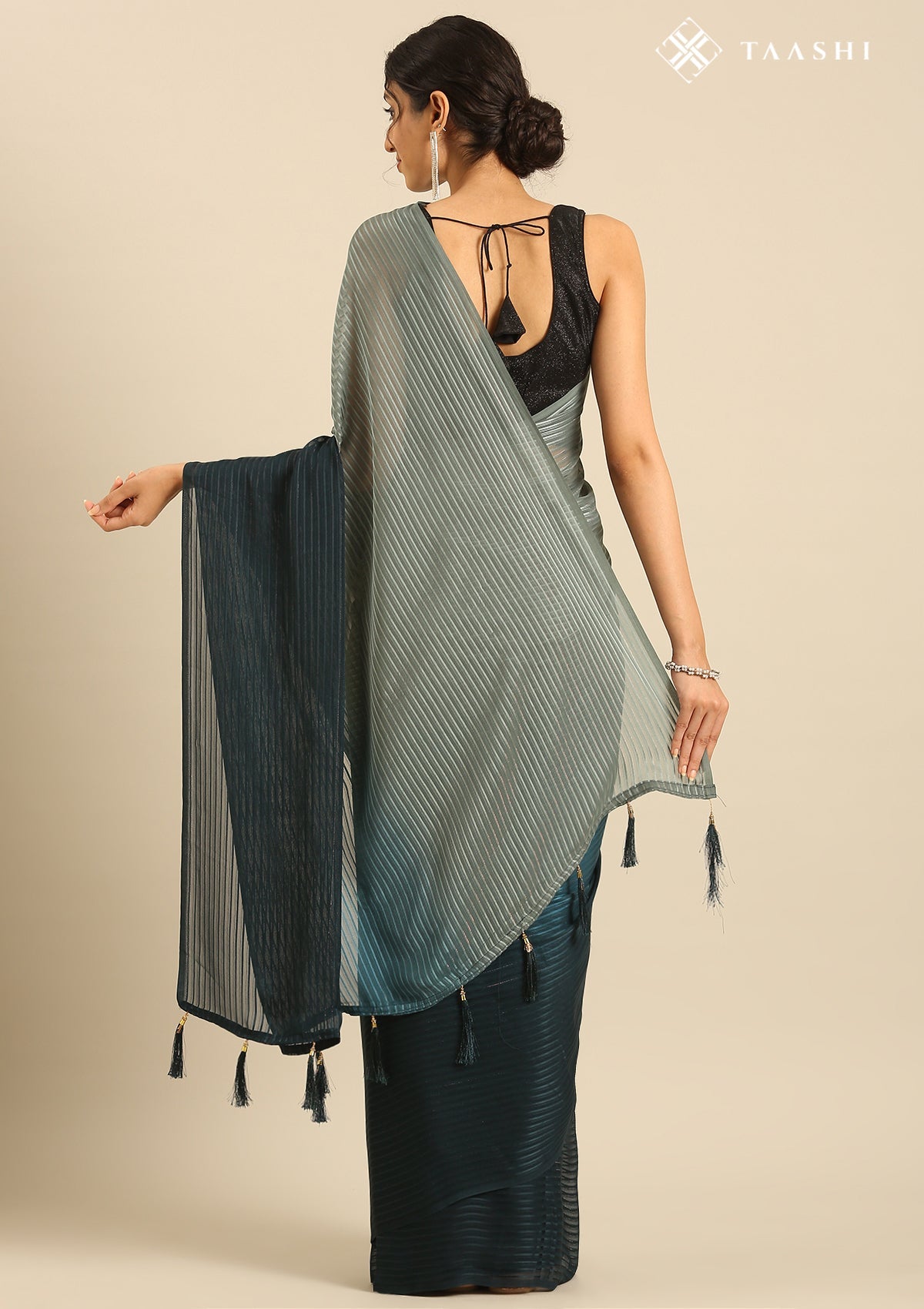 Teal Ombre Metallic Zari Striped Chiffon Saree