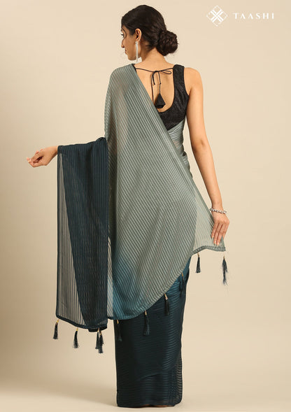 Teal Ombre Metallic Zari Striped Chiffon Saree